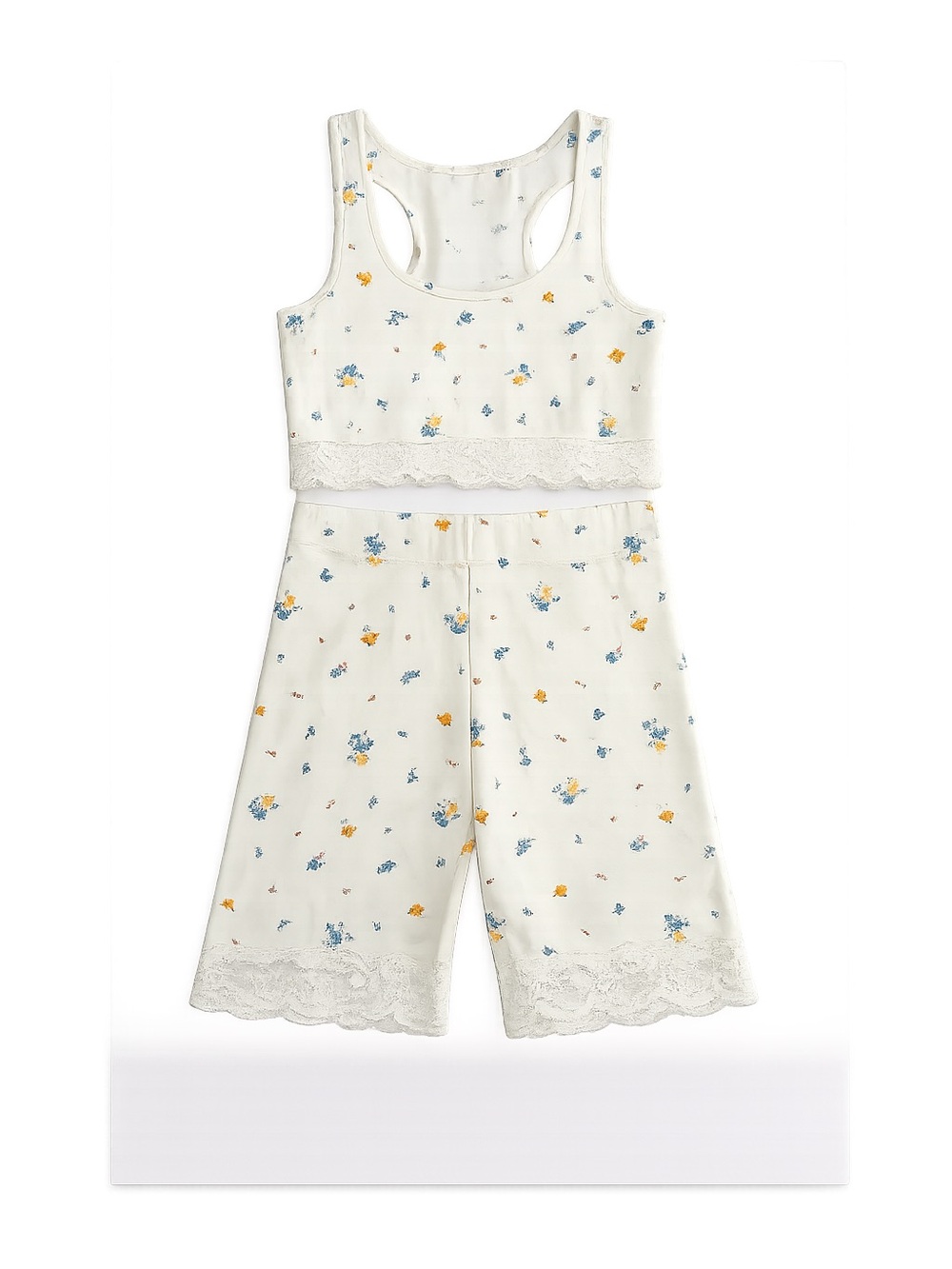 Forever 21 Cozy Cream Floral Lace-Trim Pajama Set - Top & Shorts